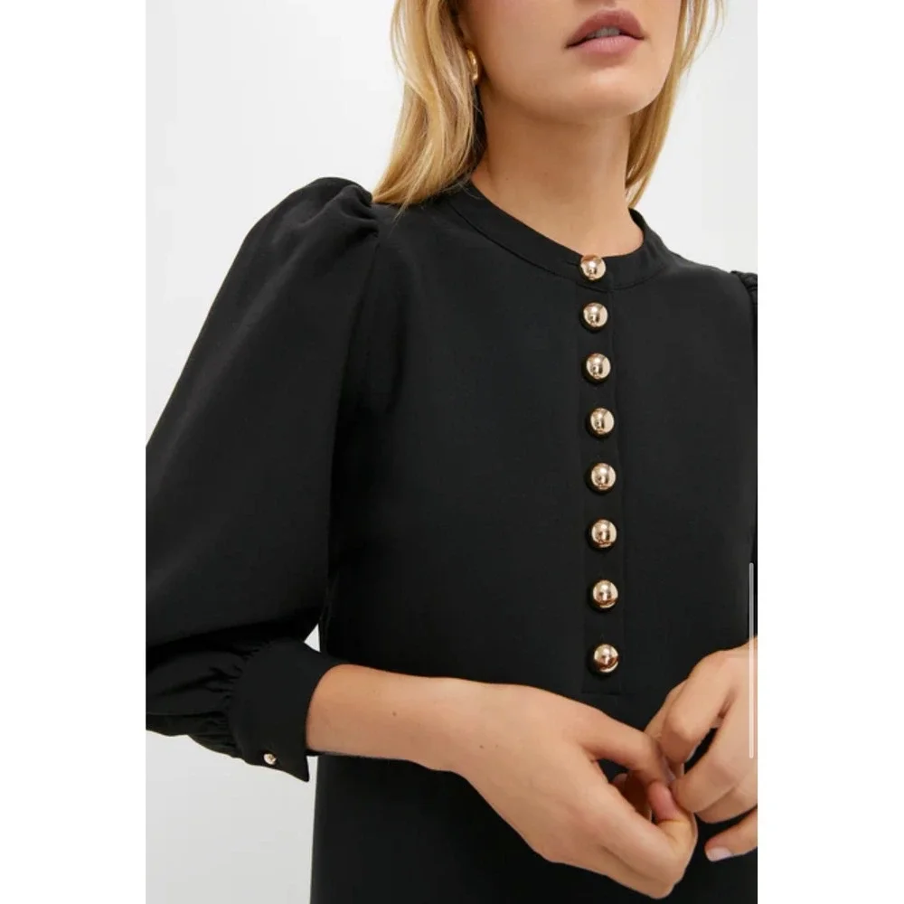 Pomander Place Samantha Mini Dress Black Puff Sleeve Gold Button Womens Small